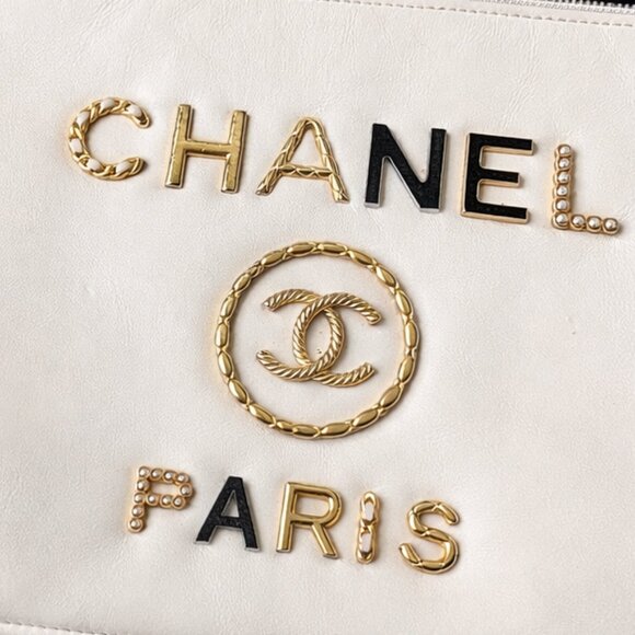 Chanel Paris Logo Leather Zip Pouch Clutch – White, Gold Hardware | Full Set - Picture 3 of 3